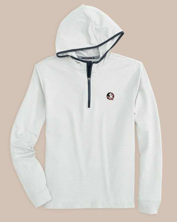 The front view of the FSU Seminoles Scuttle Heather Performance Quarter Zip Hoodie by Southern Tide - Heather Slate Grey