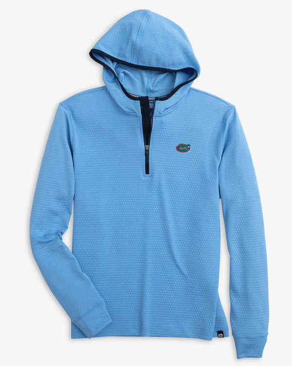 The front view of the Florida Gators Scuttle Heather Performance Quarter Zip Hoodie by Southern Tide - Heather Boat Blue