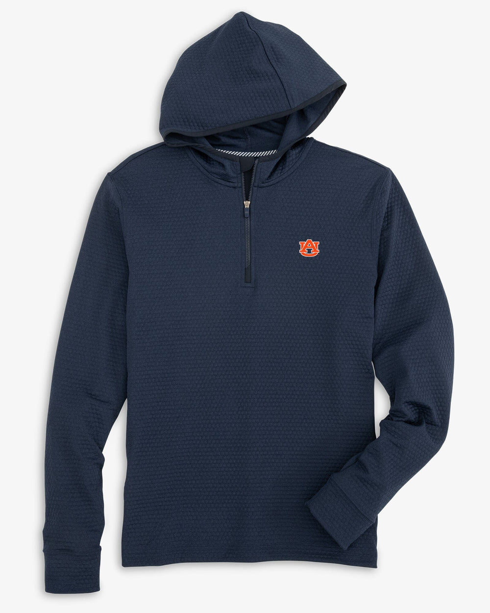 The front view of the Auburn Tigers Scuttle Heather Performance Quarter Zip Hoodie by Southern Tide - Heather True Navy