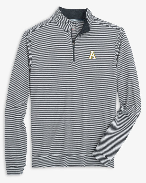 The front view of the App State Cruiser Micro-Stripe Heather Quarter Zip by Southern Tide - Heather Black