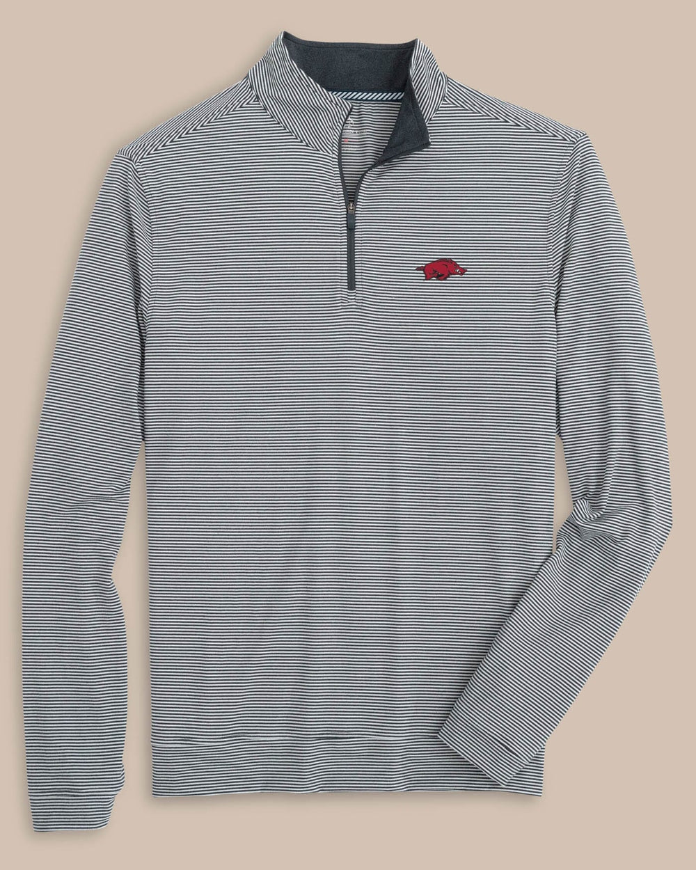 The front view of the Arkansas Razorbacks Cruiser Micro-Stripe Heather Quarter Zip by Southern Tide - Heather Black