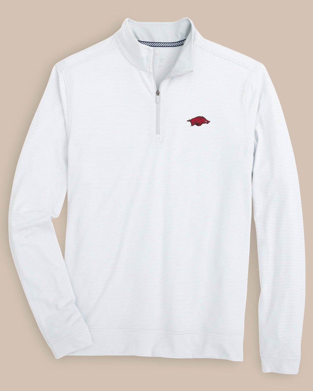 The front view of the Arkansas Razorbacks Cruiser Micro-Stripe Heather Quarter Zip by Southern Tide - Heather Slate Grey