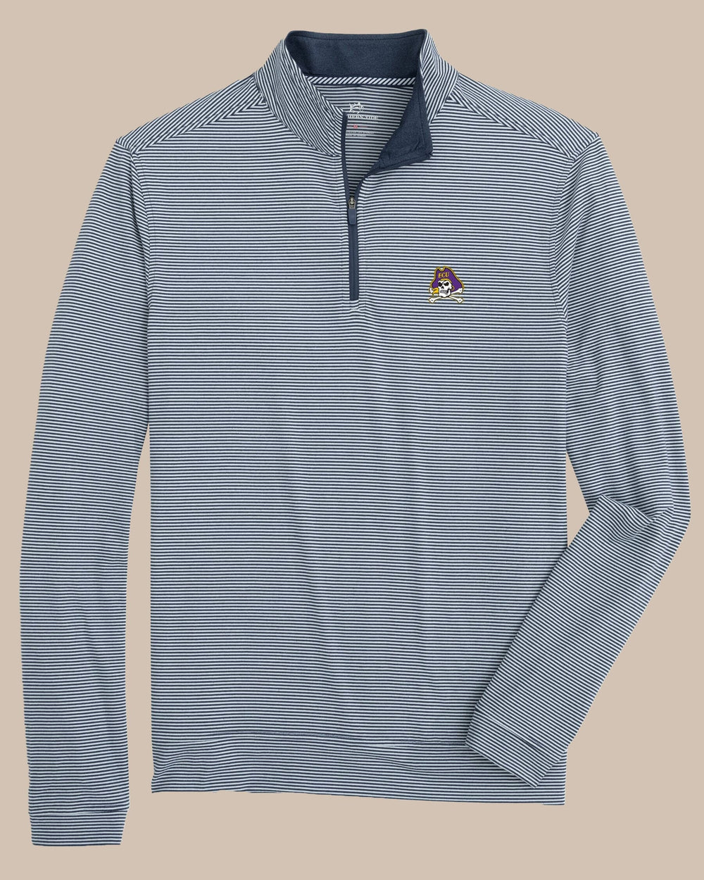 The front view of the East Carolina Cruiser Micro-Stripe Heather Quarter Zip by Southern Tide - Heather Navy