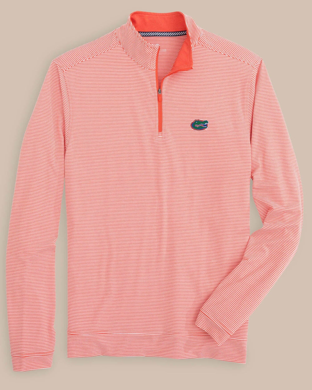 The front view of the Florida Gators Cruiser Micro-Stripe Heather Quarter Zip by Southern Tide - Heather Endzone Orange
