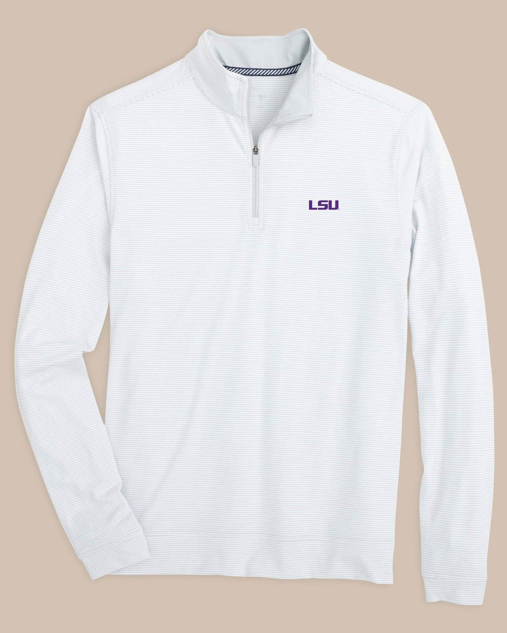 The front view of the LSU Tigers Cruiser Micro-Stripe Heather Quarter Zip by Southern Tide - Heather Slate Grey