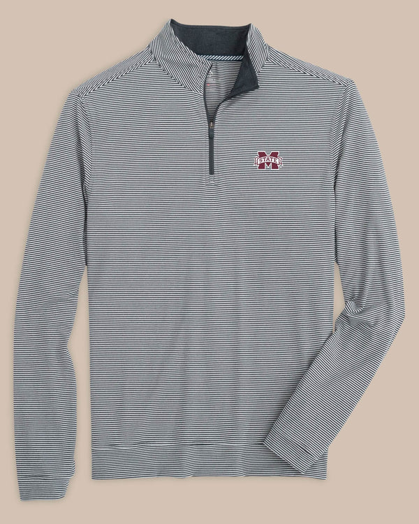 The front view of the Mississippi State Bulldogs Cruiser Micro-Stripe Heather Quarter Zip by Southern Tide - Heather Black