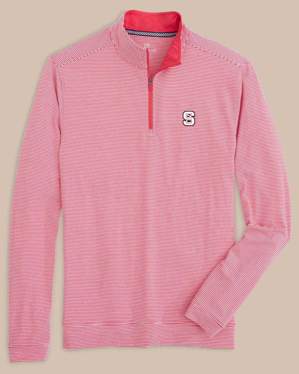 The front view of the NC State Wolfpack Cruiser Micro-Stripe Heather Quarter Zip by Southern Tide - Heather Varsity Red