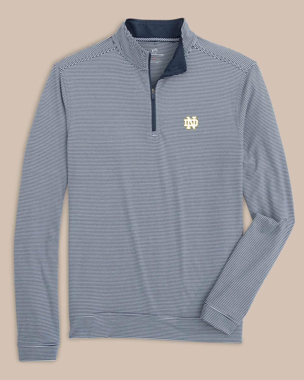 The front view of the Notre Dame Fighting Irish Cruiser Micro-Stripe Heather Quarter Zip by Southern Tide - Heather Navy