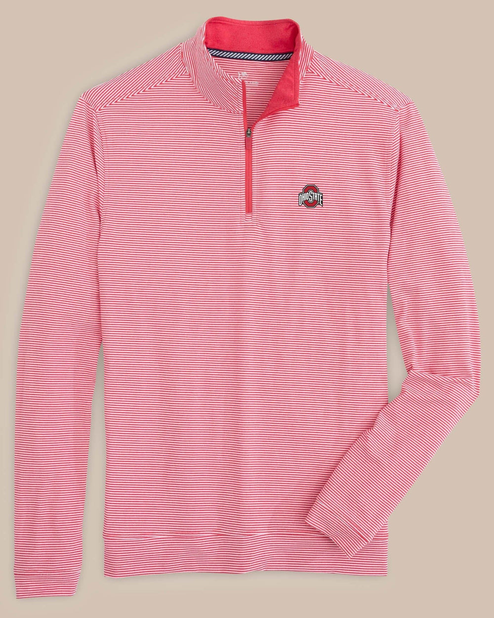 The front view of the Ohio State Buckeyes Cruiser Micro-Stripe Heather Quarter Zip by Southern Tide - Heather Varsity Red