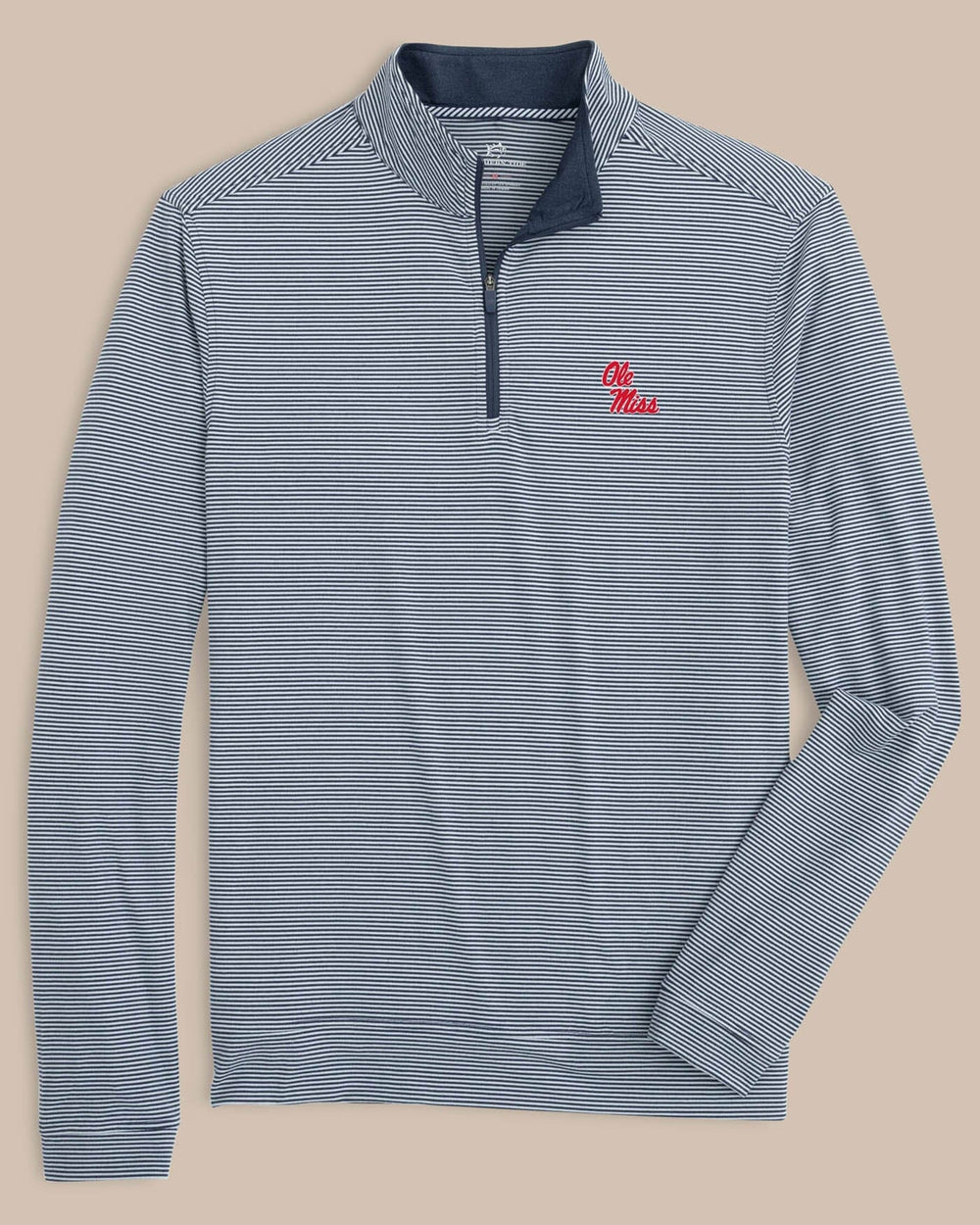 The front view of the Ole Miss Rebels Cruiser Micro-Stripe Heather Quarter Zip by Southern Tide - Heather Navy