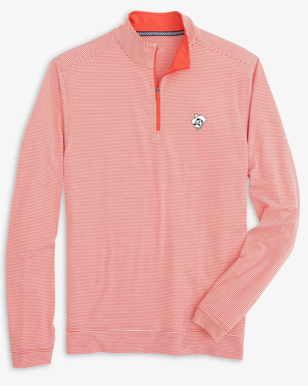 The front view of the Oklahoma State Cowboys Cruiser Micro-Stripe Heather Quarter Zip by Southern Tide - Heather Endzone Orange