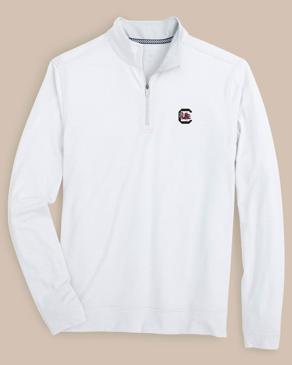 The front view of the USC Gamecocks Cruiser Micro-Stripe Heather Quarter Zip by Southern Tide - Heather Slate Grey