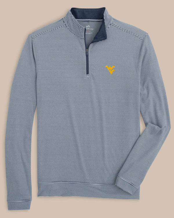 The front view of the West Virginia Cruiser Micro-Stripe Heather Quarter Zip by Southern Tide - Heather Navy