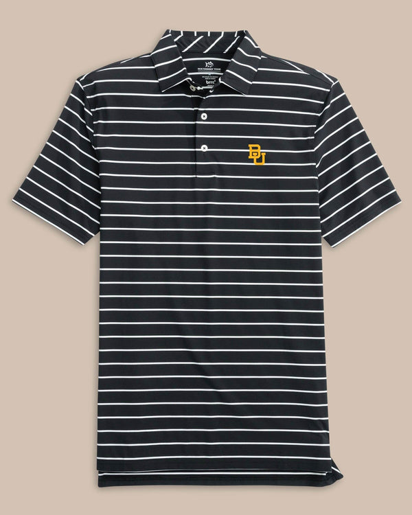 The front view of the Baylor Bears Brreeze Desmond Stripe Performance Polo by Southern Tide - Black