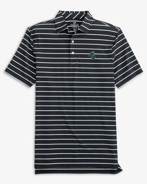The front view of the Coastal Carolina Chanticleers Brreeze Desmond Stripe Performance Polo by Southern Tide - Black