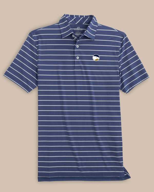 The front view of Georgia Southern Brreeze Desmond Stripe Performance Polo by Southern Tide - Navy