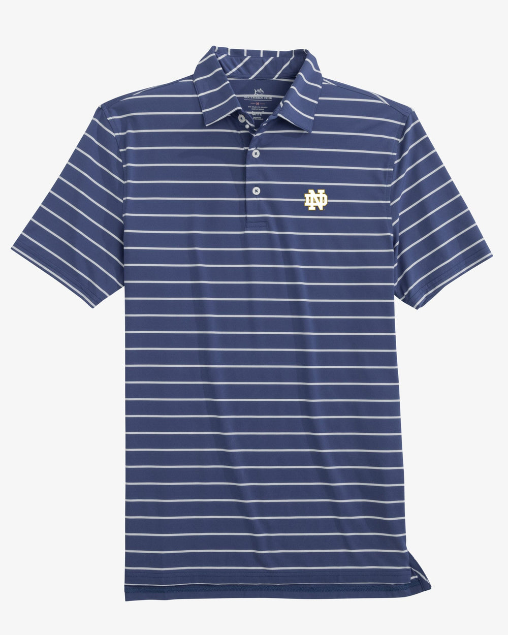 The front view of the Notre Dame Fighting Irish Brreeze Desmond Stripe Performance Polo by Southern Tide - Navy