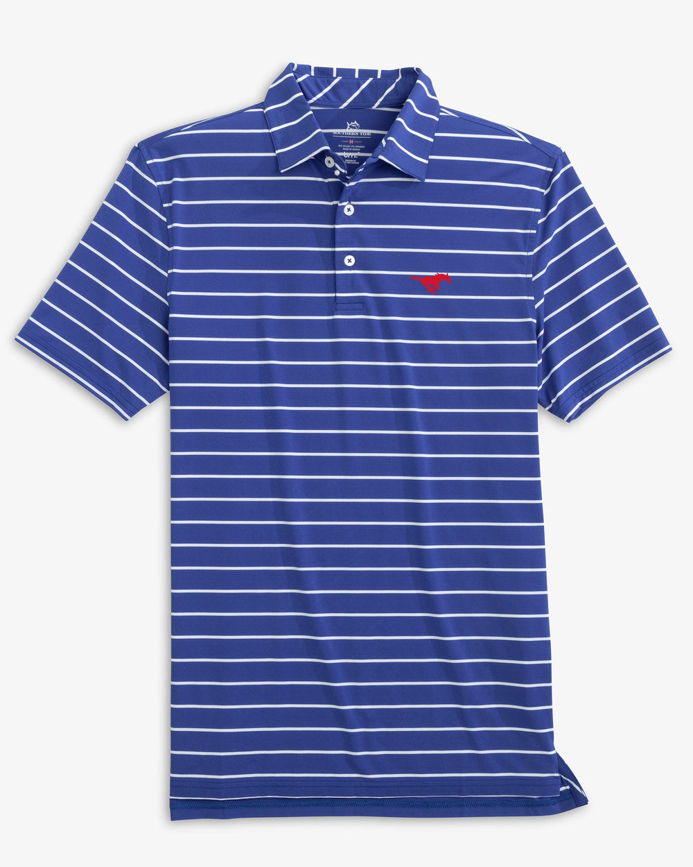 The front view of the SMU Mustangs Brreeze Desmond Stripe Performance Polo by Southern Tide - University Blue