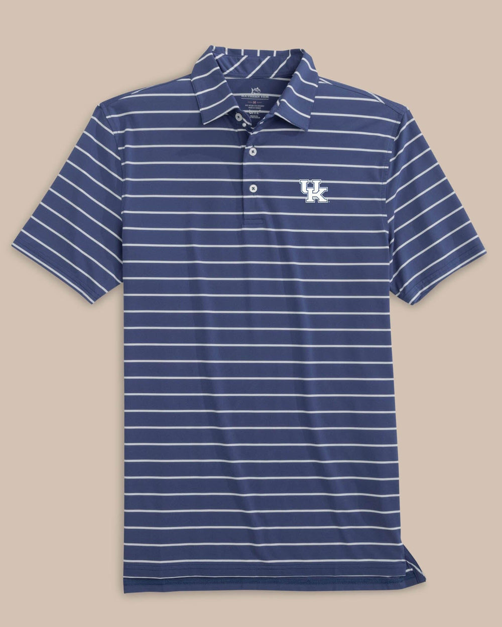 The front view of the Kentucky Wildcats Brreeze Desmond Stripe Performance Polo by Southern Tide - Navy