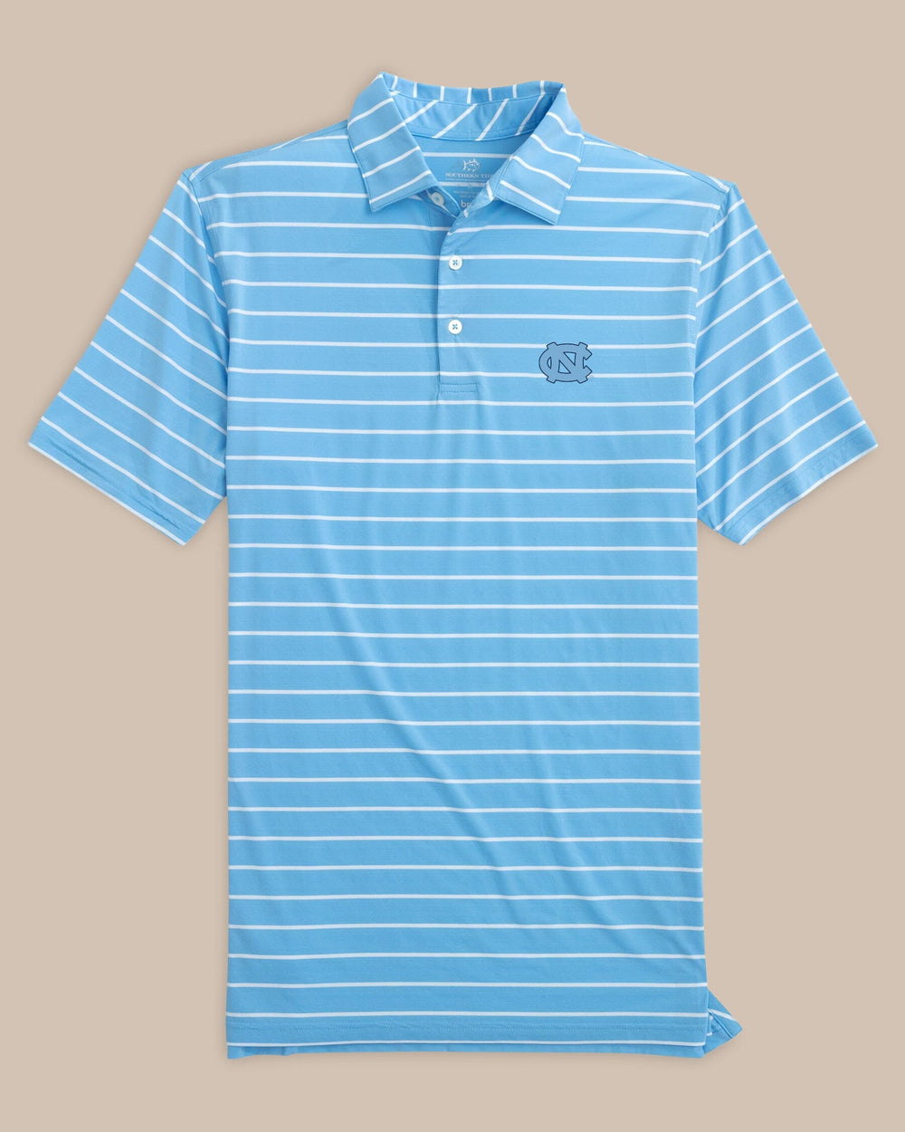 The front view of the UNC Tar Heels Brreeze Desmond Stripe Performance Polo by Southern Tide - Rush Blue