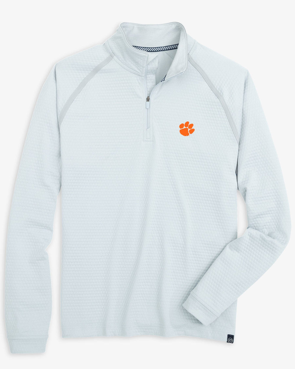 The front view of the Clemson Tigers Scuttle Heather Quarter Zip by Southern Tide - Heather Slate Grey