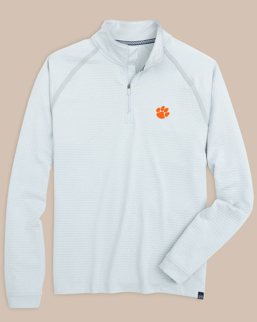 The front view of the Clemson Tigers Scuttle Heather Quarter Zip by Southern Tide - Heather Slate Grey