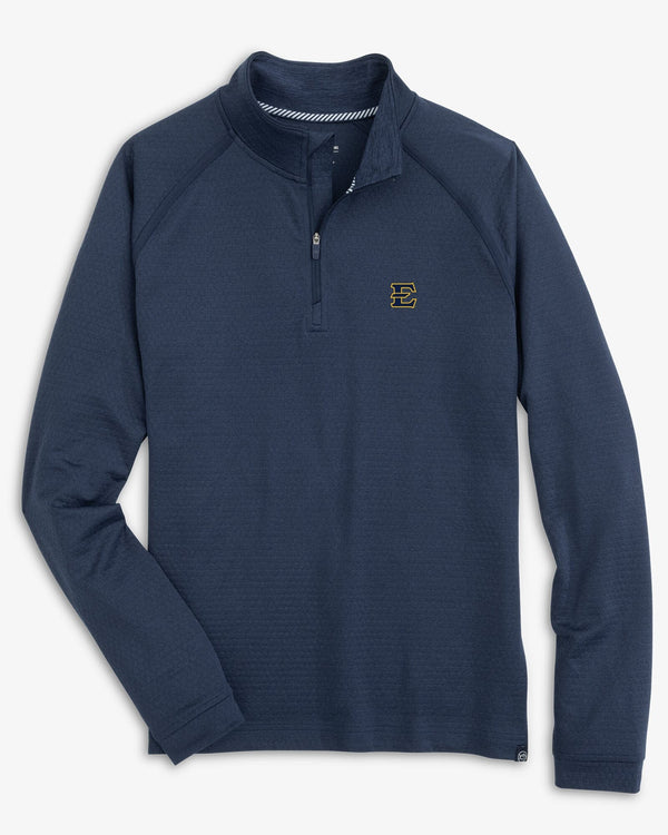 The front view of the East Tennessee Scuttle Heather Quarter Zip by Southern Tide - Heather True Navy