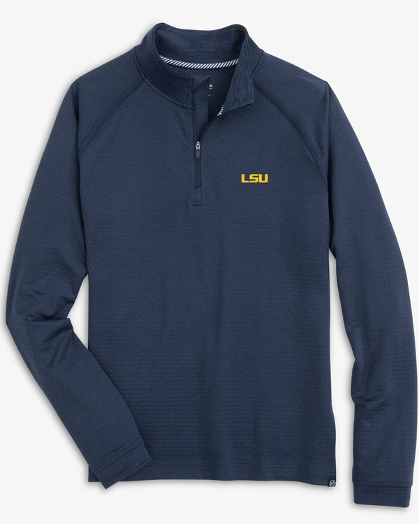 The front view of the LSU Tigers Scuttle Heather Quarter Zip by Southern Tide - Heather True Navy