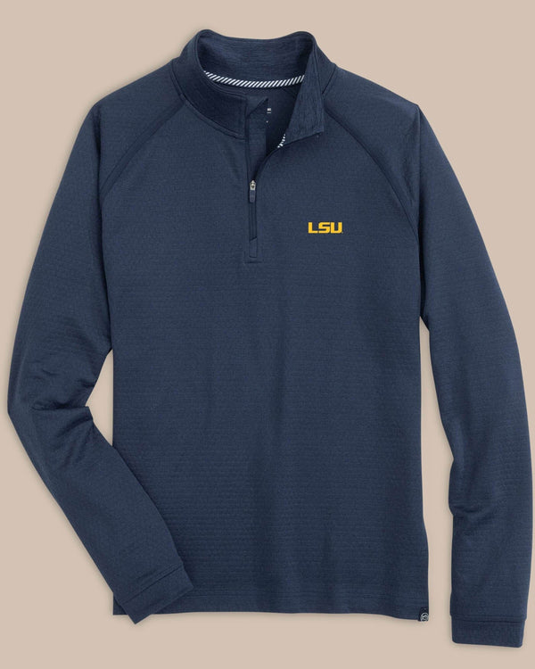 The front view of the LSU Tigers Scuttle Heather Quarter Zip by Southern Tide - Heather True Navy