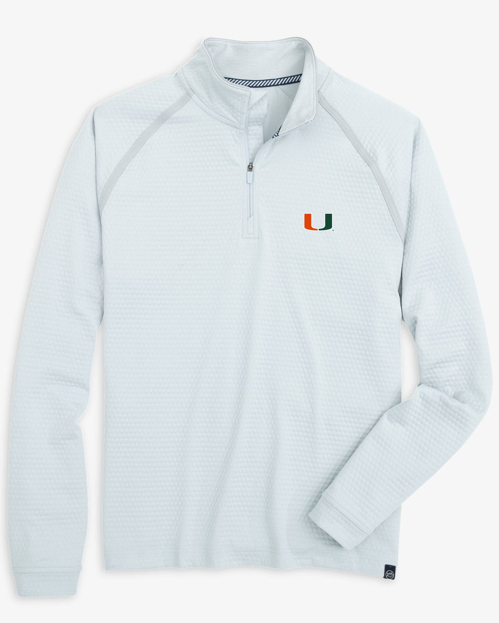 The front view of the Miami Hurricanes Scuttle Heather Quarter Zip by Southern Tide - Heather Slate Grey