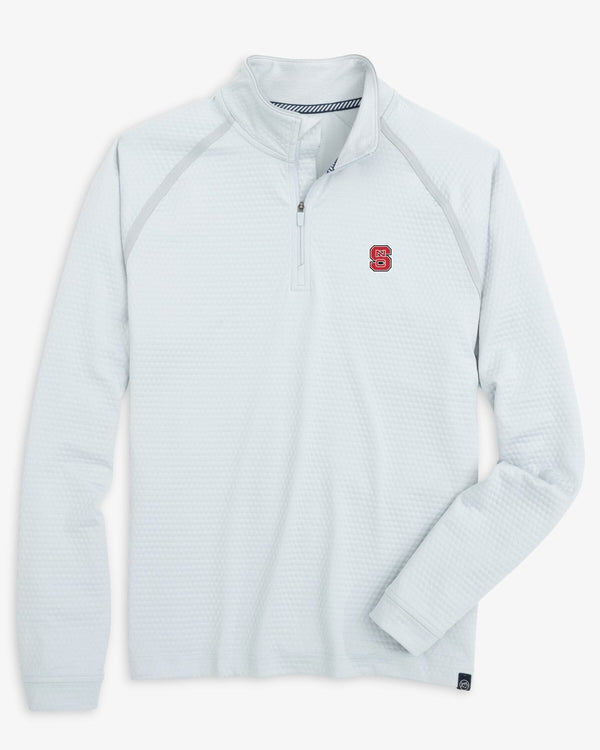 The front view of the NC State Wolfpack Scuttle Heather Quarter Zip by Southern Tide - Heather Slate Grey