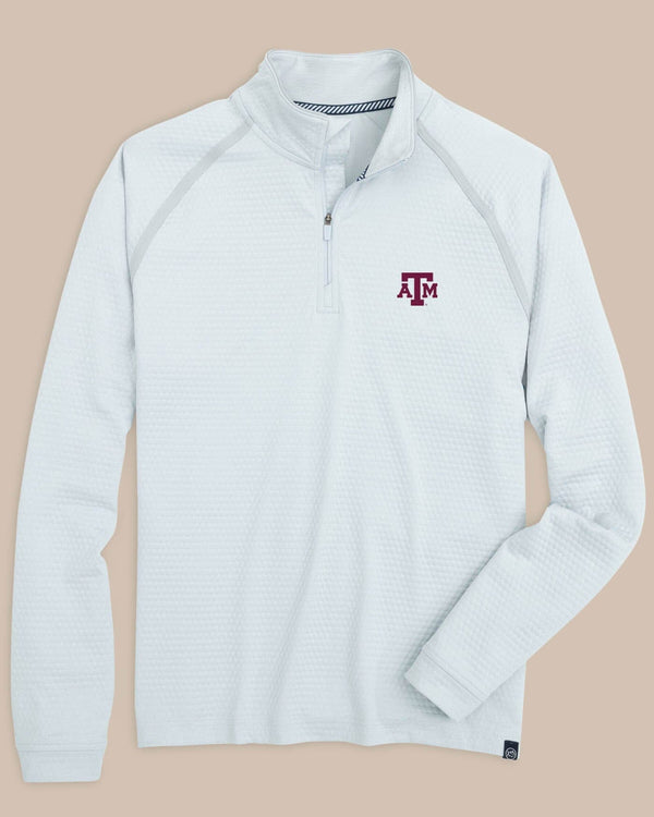 The front view of the Texas A&M Aggies Scuttle Heather Quarter Zip by Southern Tide - Heather Slate Grey