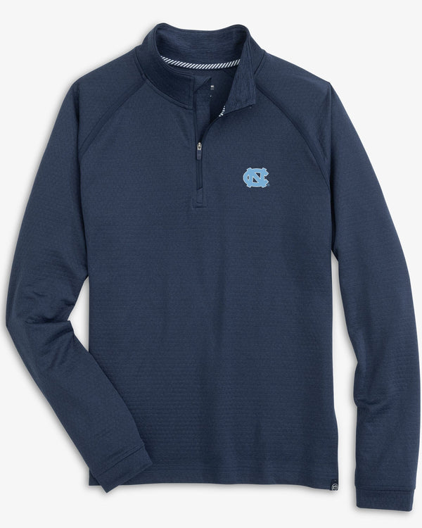 The front view of the UNC Tar Heels Scuttle Heather Quarter Zip by Southern Tide - Heather True Navy