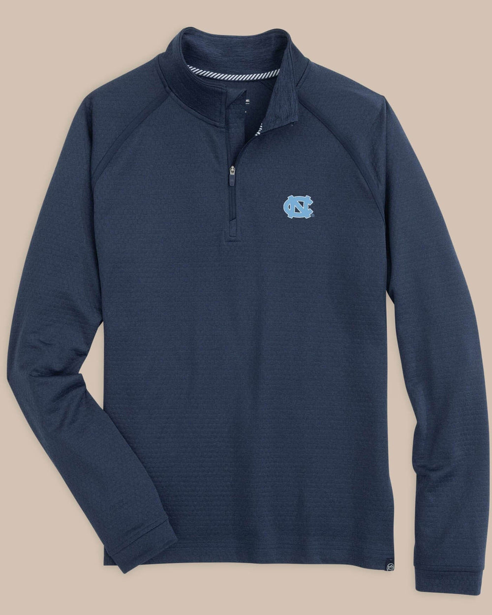 The front view of the UNC Tar Heels Scuttle Heather Quarter Zip by Southern Tide - Heather True Navy