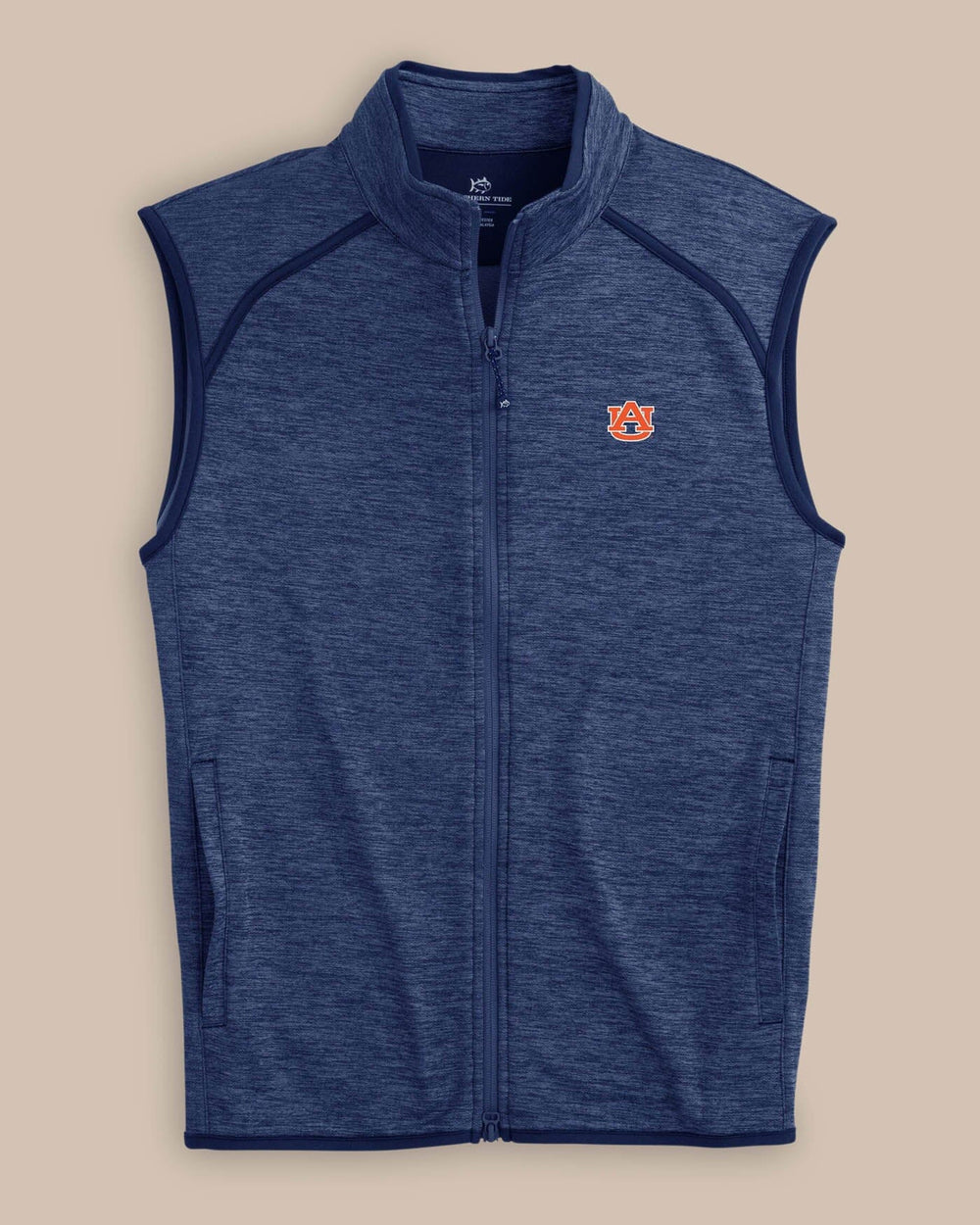 The front view of the Auburn Tigers Baybrook Heather Vest by Southern Tide - Heather Navy