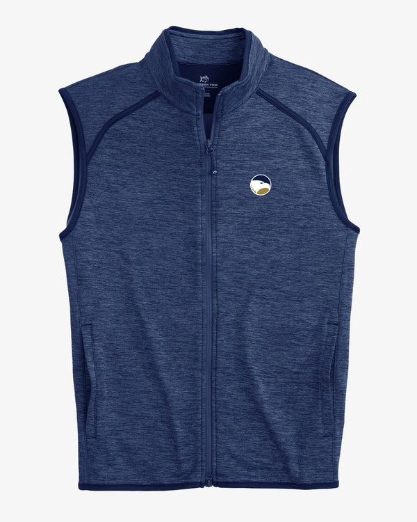 The front view of the Georgia Southern Eagles Baybrook Heather Vest by Southern Tide - Heather True Navy