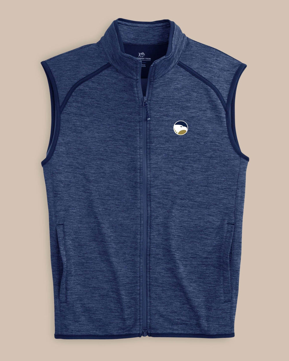 The front view of the Georgia Southern Eagles Baybrook Heather Vest by Southern Tide - Heather True Navy