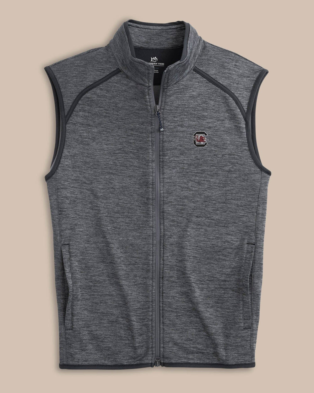 The front view of the USC Gamecocks Baybrook Heather Vest by Southern Tide - Heather Black