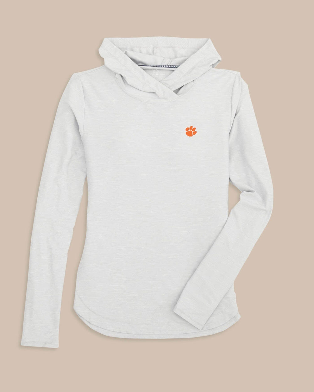The front view of the Clemson Tigers Linley brrr°®-illiant Performance Hoodie by Southern Tide - Platinum Grey