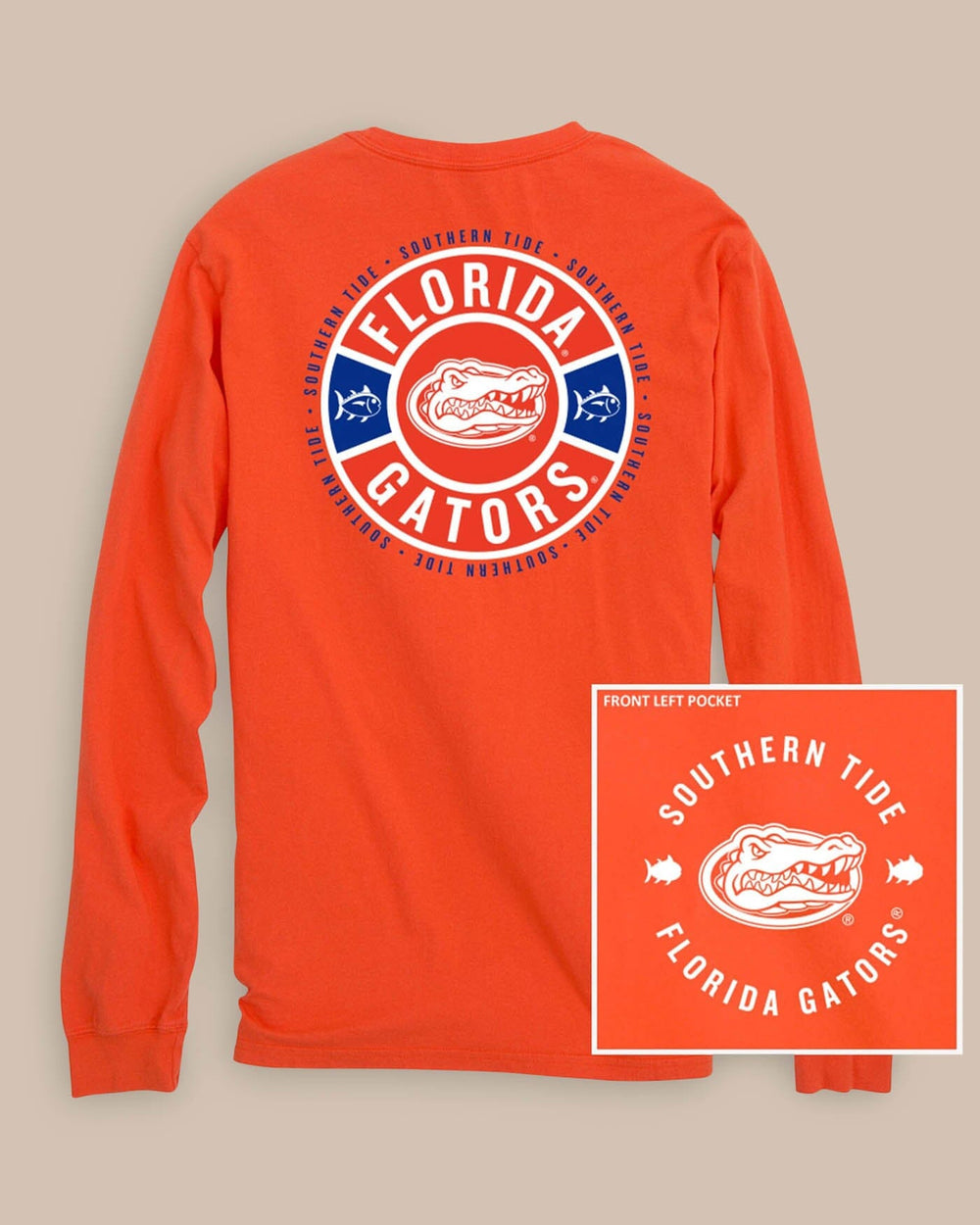 The front view of the Southern Tide Florida Gators Ring Badge T-Shirt by Southern Tide - Endzone Orange