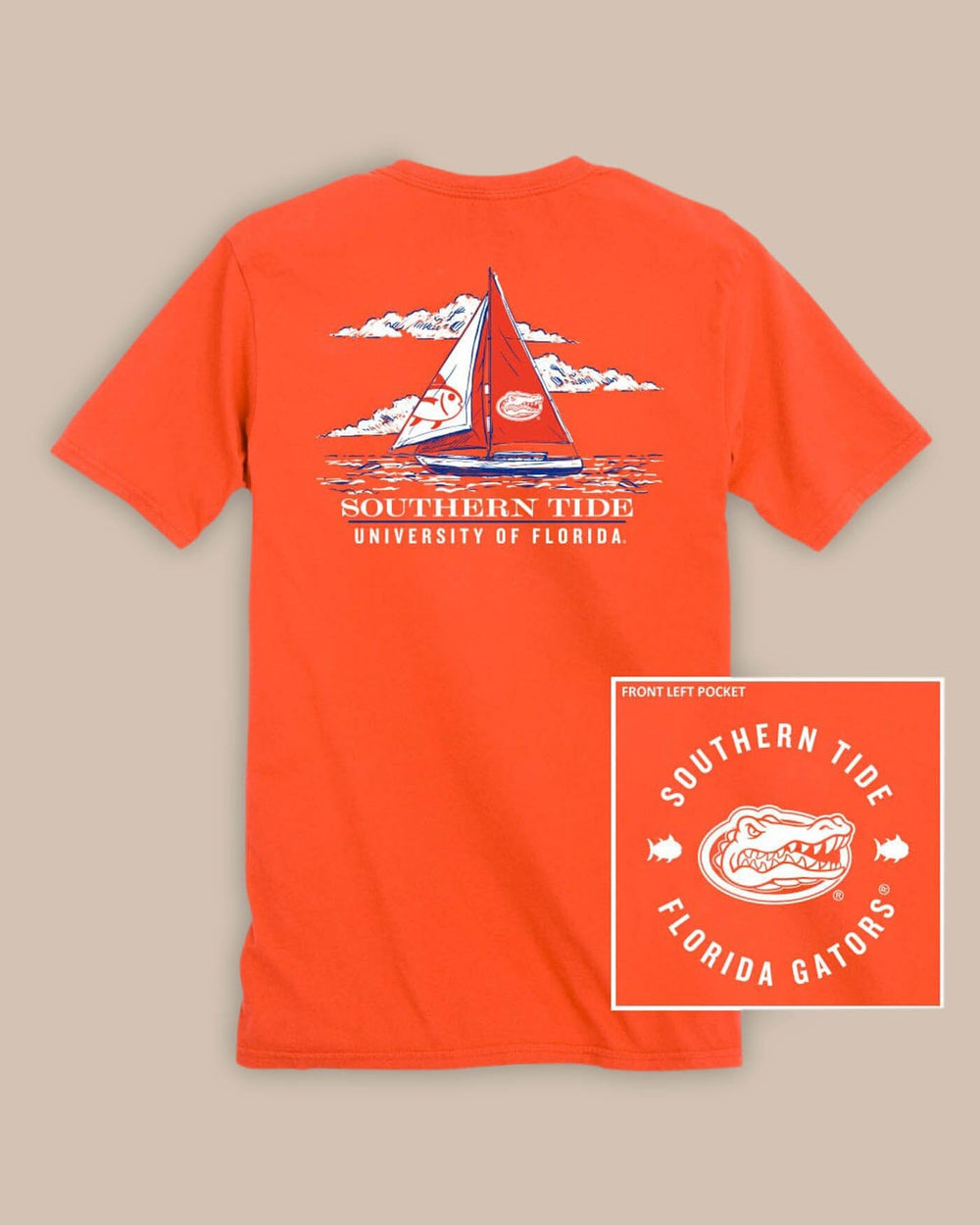 The front view of the Florida Gators SJ Sailing T-Shirt by Southern Tide - Endzone Orange