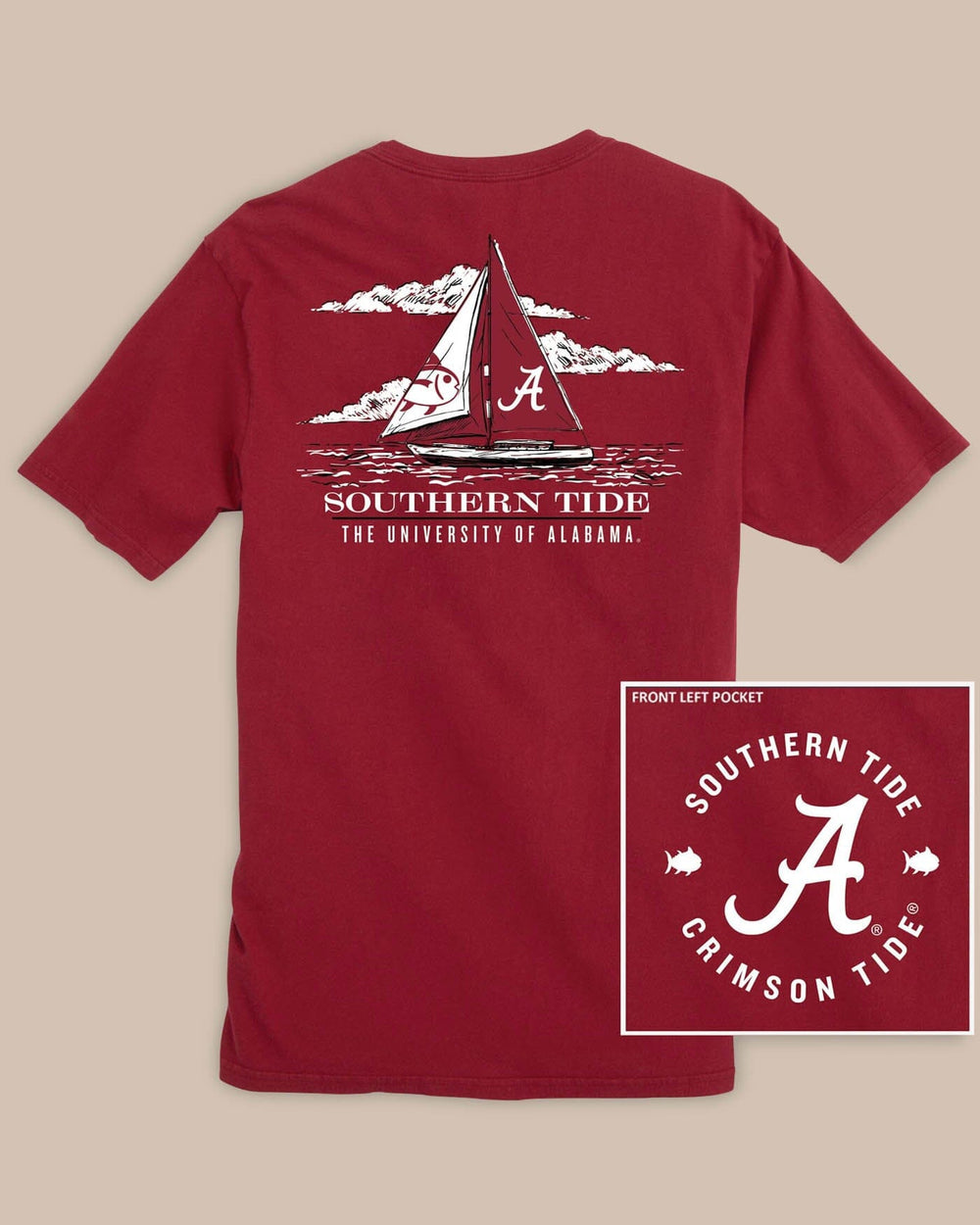 The front view of the Alabama Crimson Tide Skipjack Sailing T-Shirt by Southern Tide - Crimson