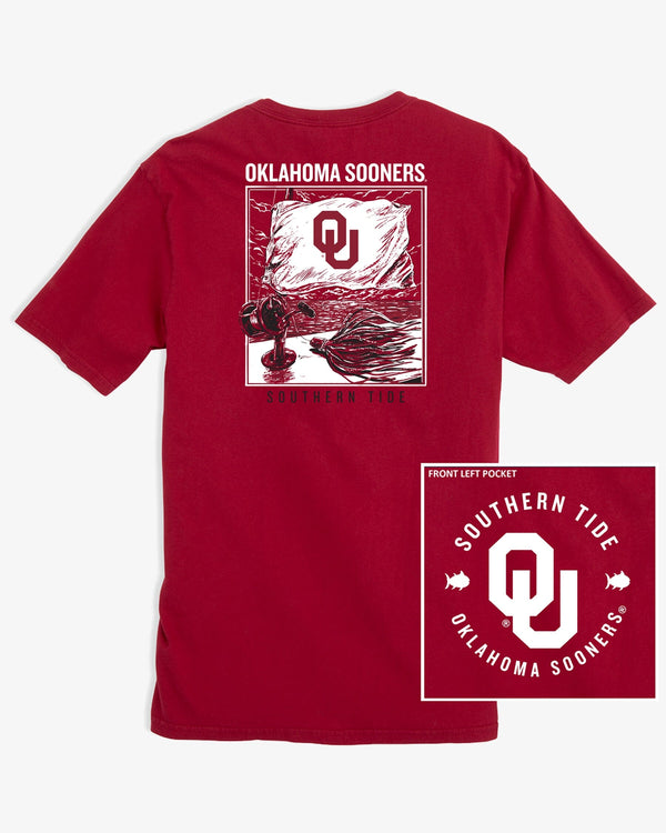 The front view of the Oklahoma Sooners Fishing Flag T-Shirt by Southern Tide - Crimson