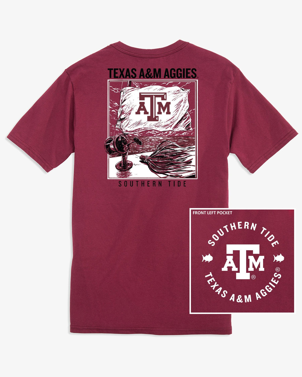 The front view of the Texas A&M Aggies Fishing Flag T-Shirt by Southern Tide - Chianti