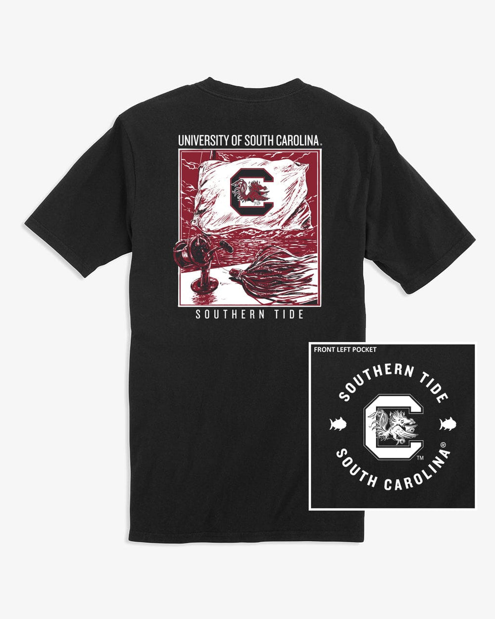 The front view of the USC Gamecocks Fishing Flag T-Shirt by Southern Tide - Black