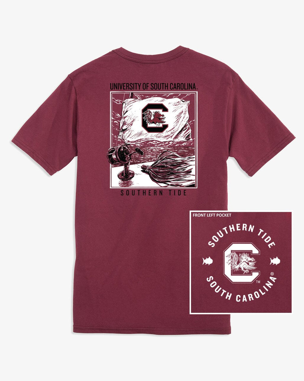 The front view of the USC Gamecocks Fishing Flag T-Shirt by Southern Tide - Chianti