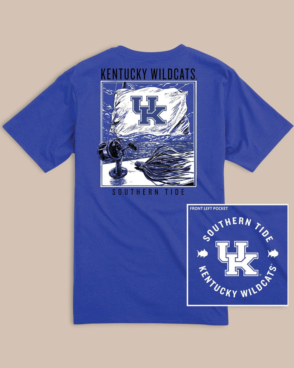 The front view of the Kentucky Wildcats Fishing Flag T-Shirt by Southern Tide - University Blue