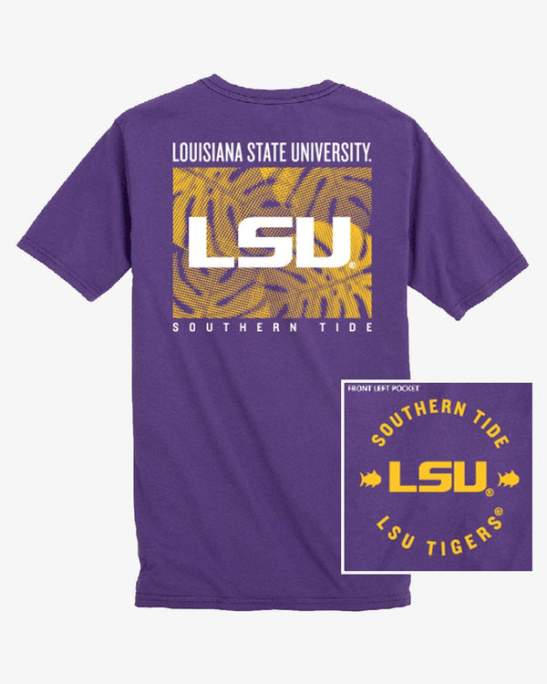 The front view of the LSU Tigers Halftone Monstera T-Shirt by Southern Tide - Regal Purple