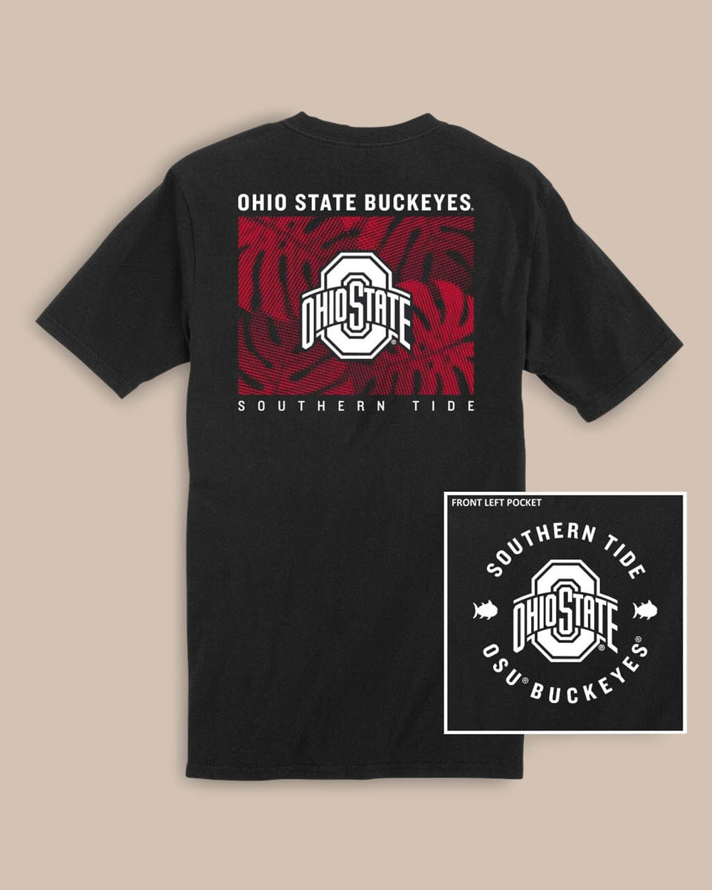 The front view of the Ohio State Buckeyes Halftone Monstera T-Shirt by Southern Tide - Black