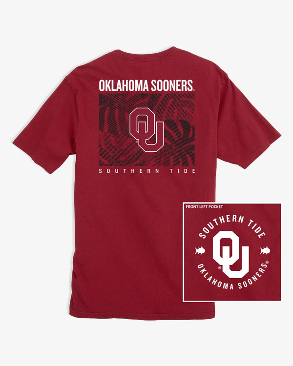 The front view of the Oklahoma Sooners Halftone Monstera T-Shirt by Southern Tide - Crimson